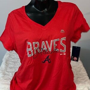 Atlanta Braves Women’s Majestic Baseball V-Neck Short Sleeve Shirt XL NWT